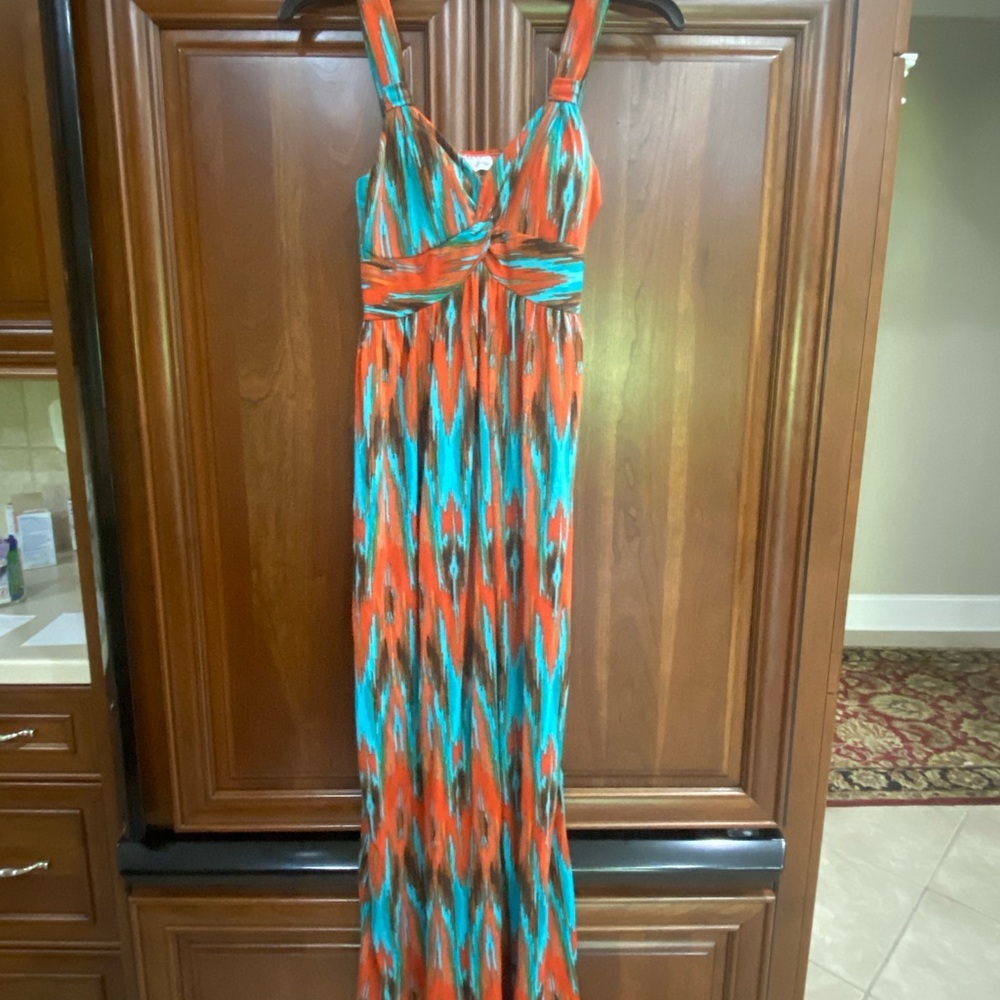 Ladies Small Maxi Long Dress Orange Blue Brown Knit Sleeveless Allison Brittney